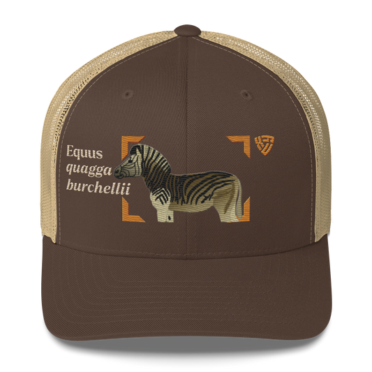 Bontequagga "Equua quagga burchellii" Embroidered Brown & Khaki Trucker Hat Front Mockup