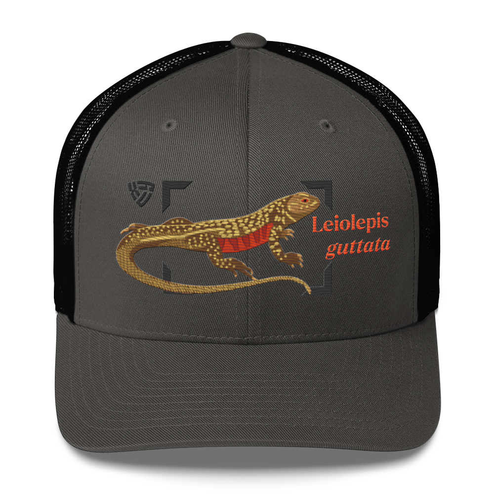 Giant Butterfly Lizard "Leiolepis guttata" Embroidered Charcoal Grey & Black Trucker Hat Front Mockup