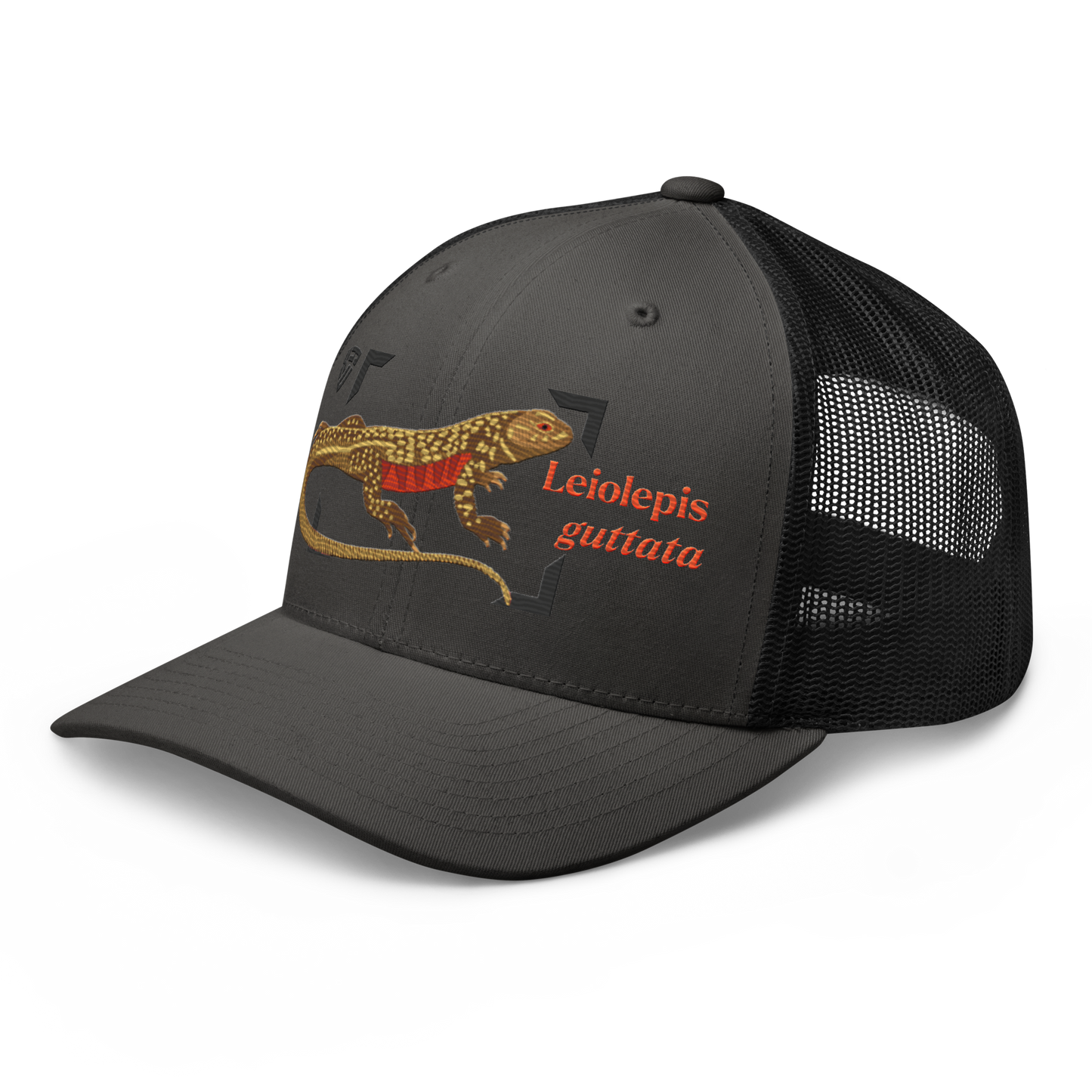 Giant Butterfly Lizard "Leiolepis guttata" Embroidered Charcoal Grey & Black Trucker Hat Left Front Mockup