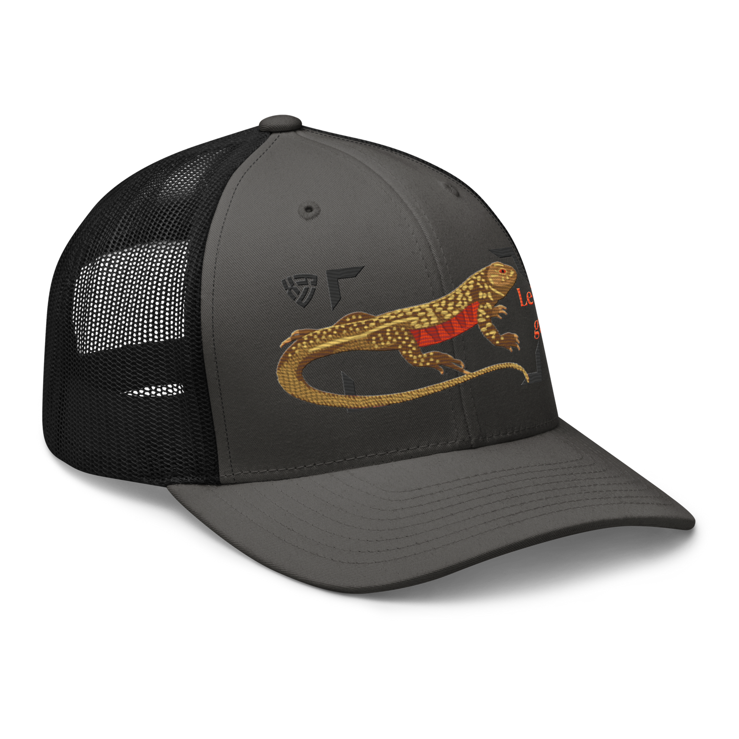Giant Butterfly Lizard "Leiolepis guttata" Embroidered Charcoal Grey & Black Trucker Hat Right Front Mockup
