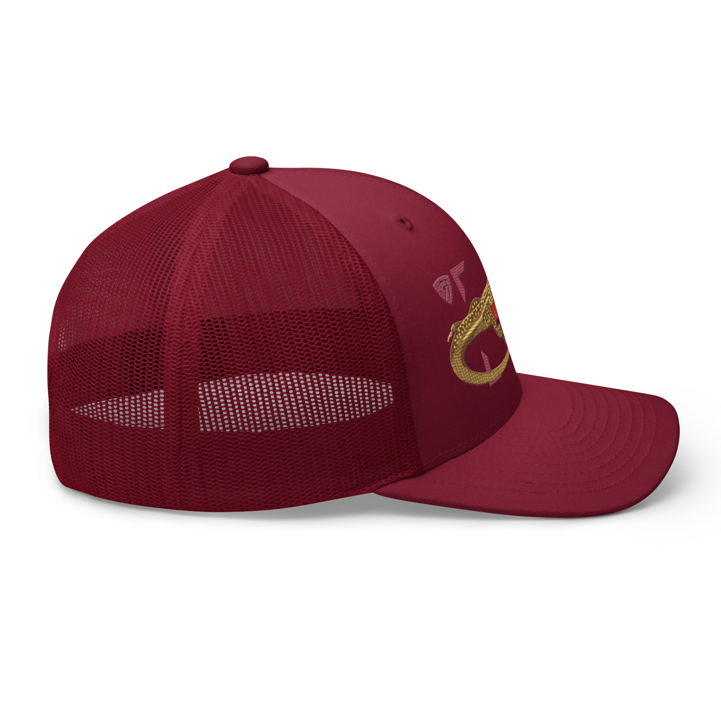 Giant Butterfly Lizard "Leiolepis guttata" Embroidered Cranberry Red Trucker Hat Right Mockup