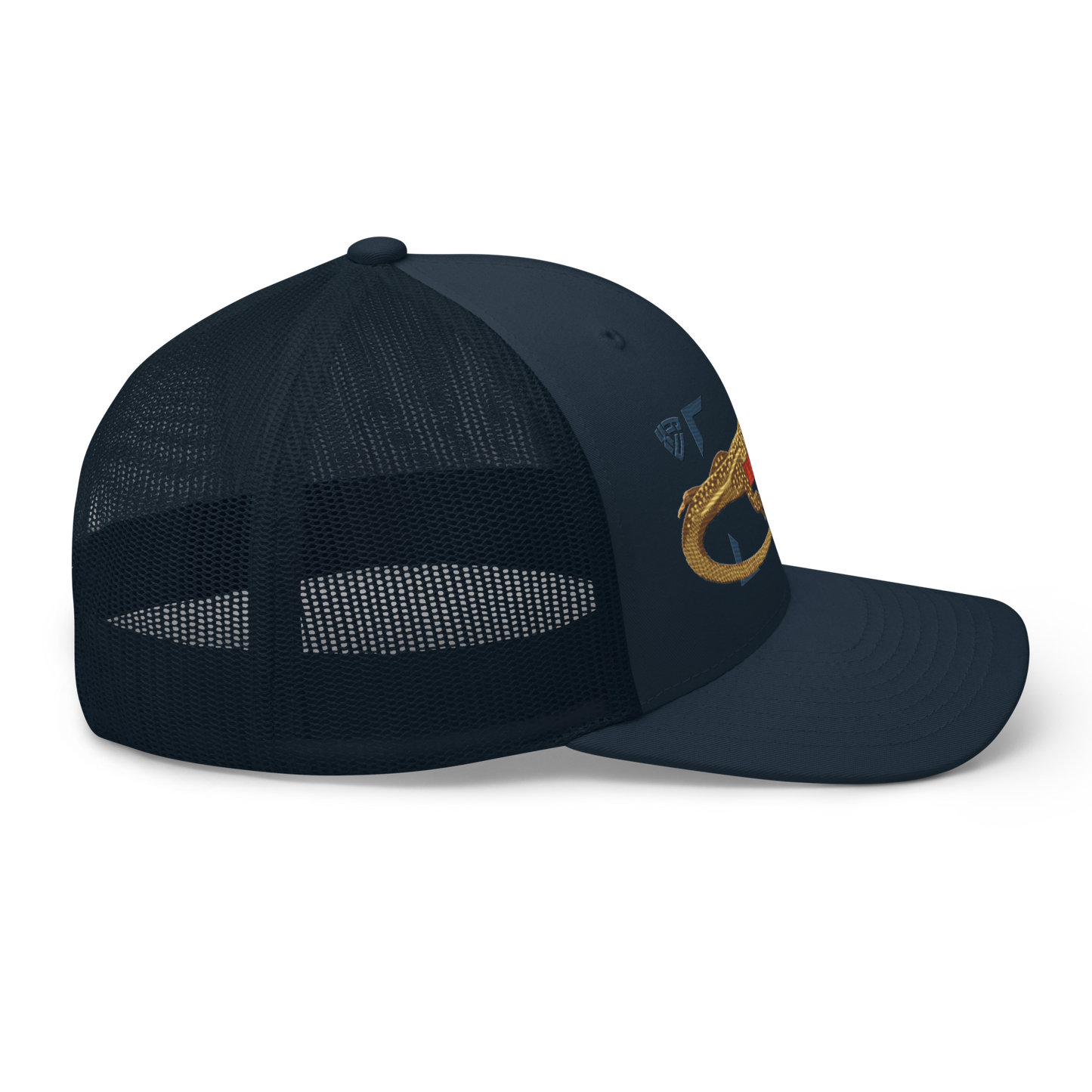 Giant Butterfly Lizard "Leiolepis guttata" Embroidered Navy Blue Trucker Hat Right Mockup