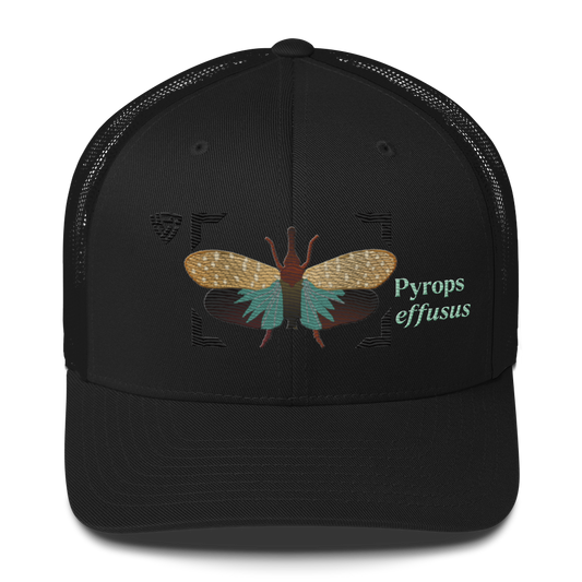 Lanternfly "Pyrops effusa" Embroidered Black Trucker Hat Front Mockup