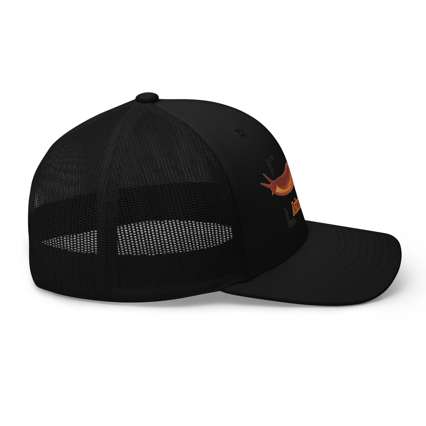 The Large Red Slug "Arion rufus" Embroidered Black Trucker Hat Right Mockup