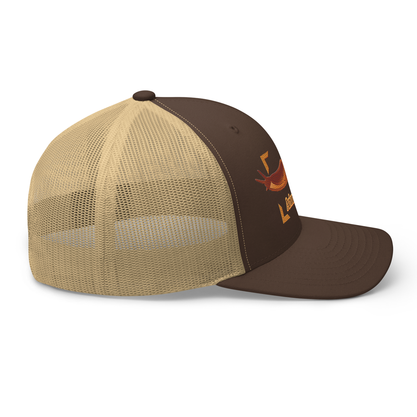 The Large Red Slug "Arion rufus" Embroidered Brown & Khaki Trucker Hat Right Mockup