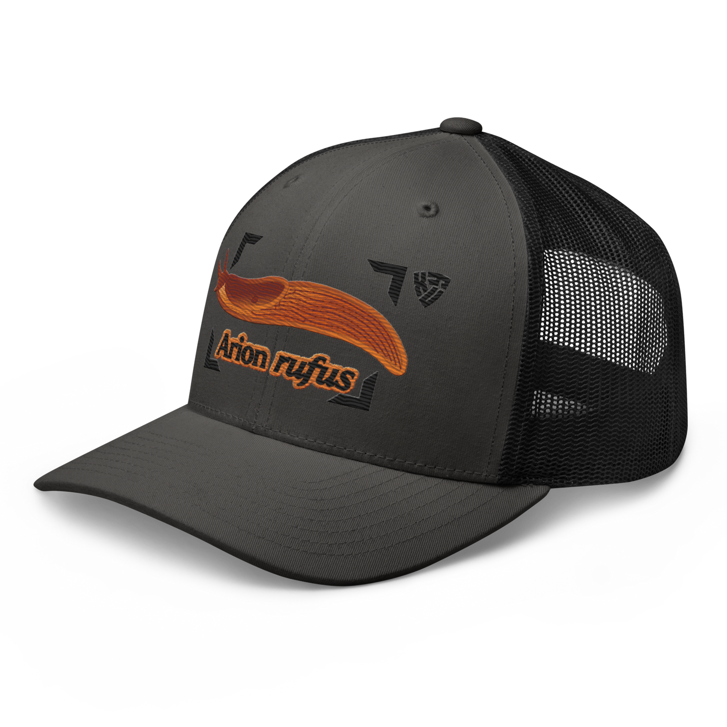 The Large Red Slug "Arion rufus" Embroidered Charcoal Grey & Black Trucker Hat Left Front Mockup