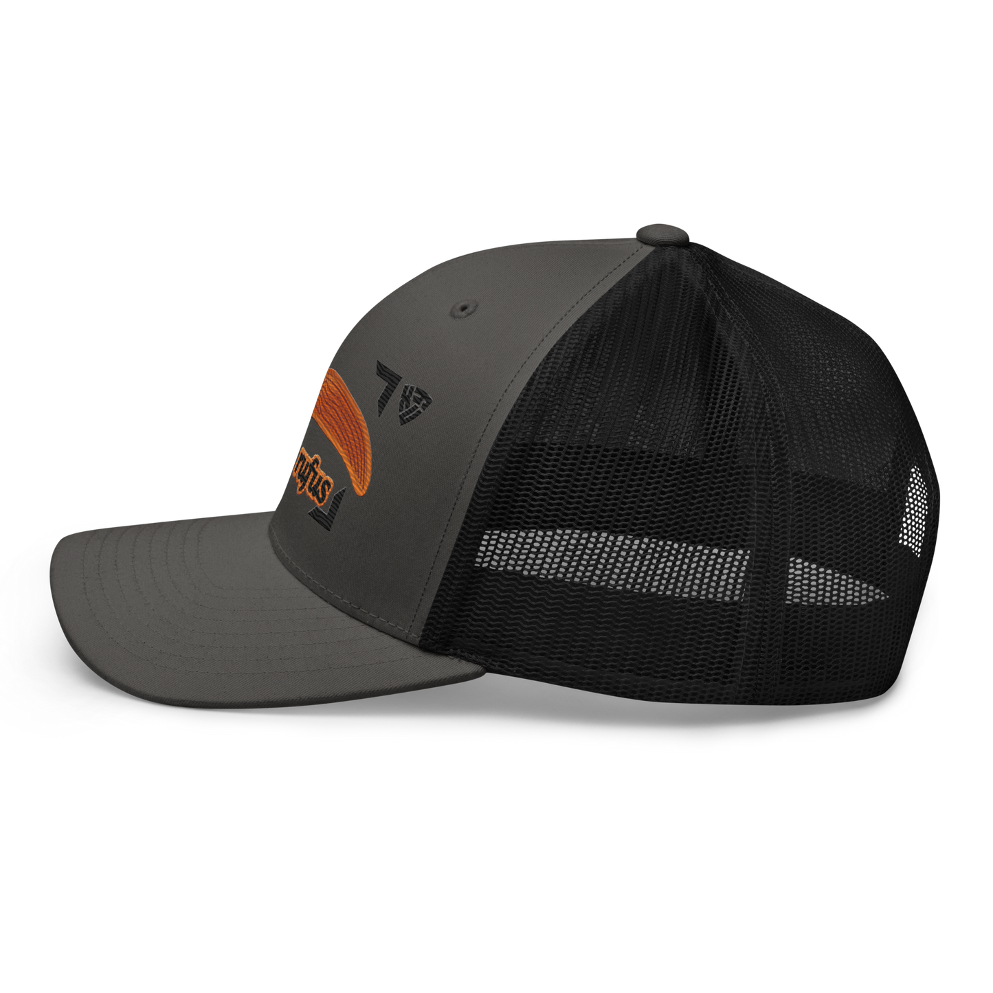 The Large Red Slug "Arion rufus" Embroidered Charcoal Grey & Black Trucker Hat Left Mockup