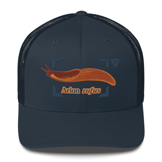 The Large Red Slug "Arion rufus" Embroidered Navy Blue Trucker Hat Front Mockup