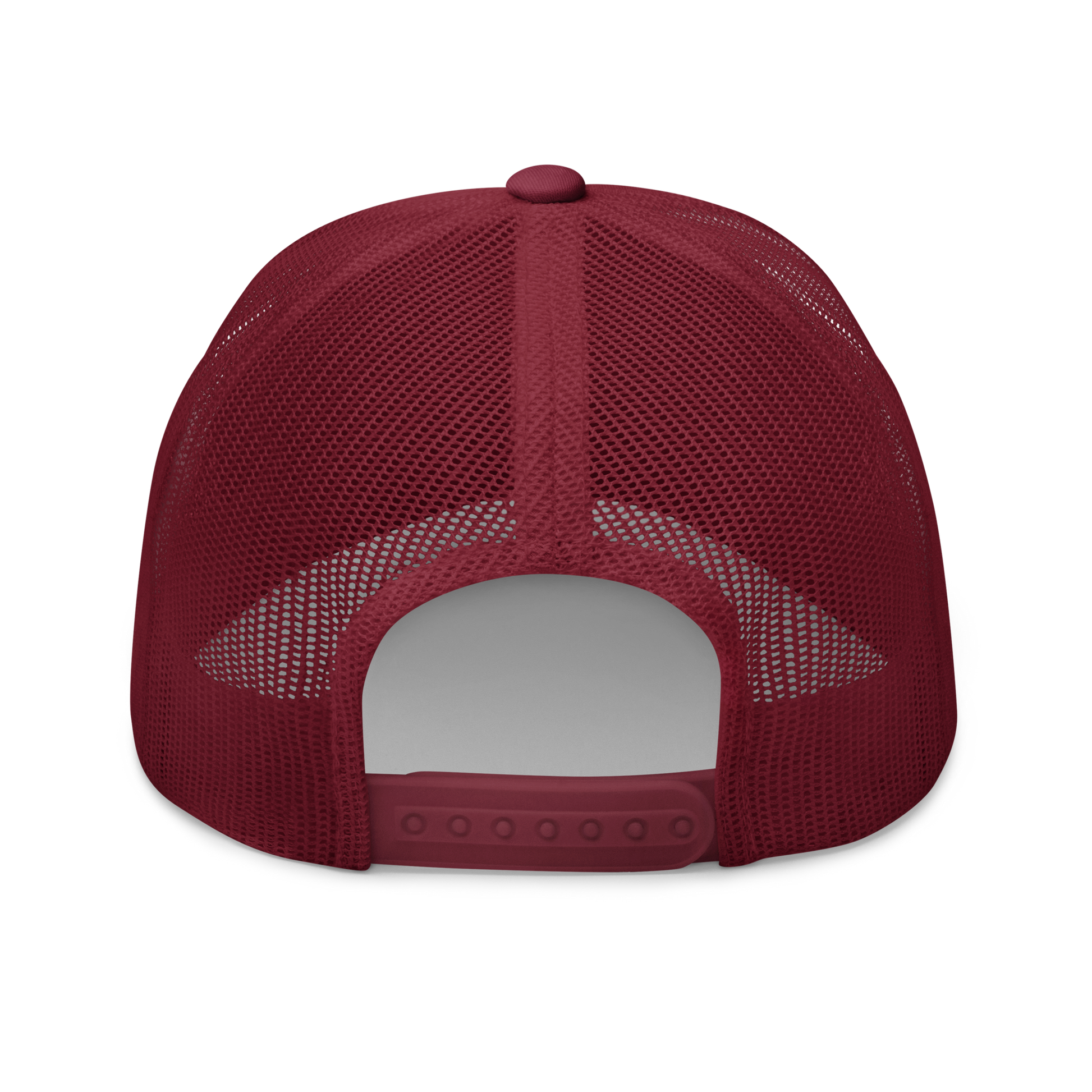 American Eel "Anguilla rostrata" Embroidered Cranberry Red Trucker Hat Back Mockup