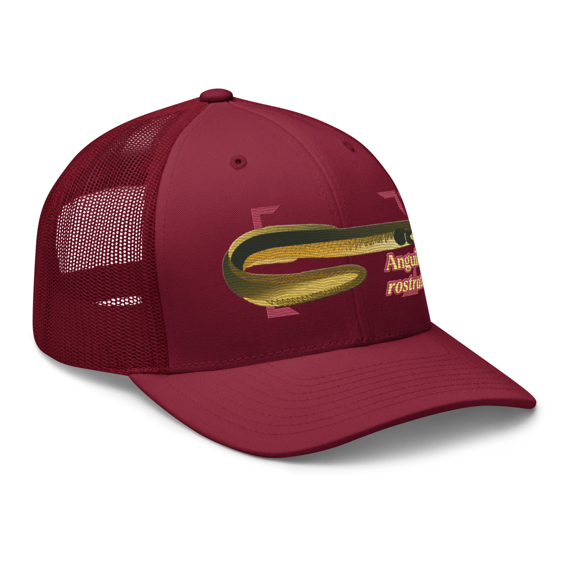 American Eel "Anguilla rostrata" Embroidered Cranberry Red Trucker Hat Right Front Mockup