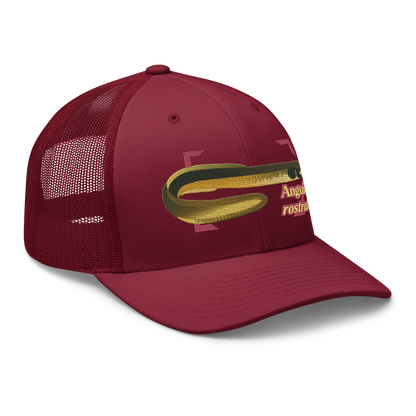 American Eel "Anguilla rostrata" Embroidered Cranberry Red Trucker Hat Right Front Mockup