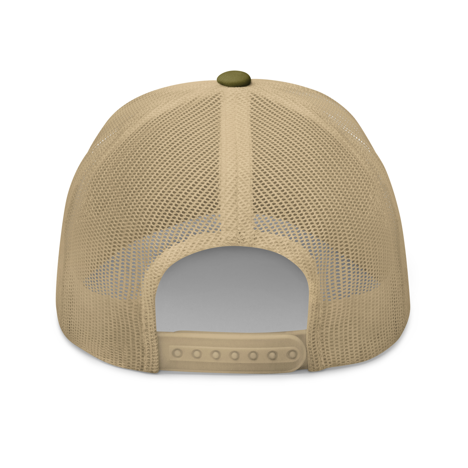 American Eel "Anguilla rostrata" Embroidered Moss Green & Khaki Trucker Hat Back Mockup