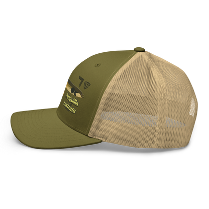 American Eel "Anguilla rostrata" Embroidered Moss Green & Khaki Trucker Hat Left Mockup