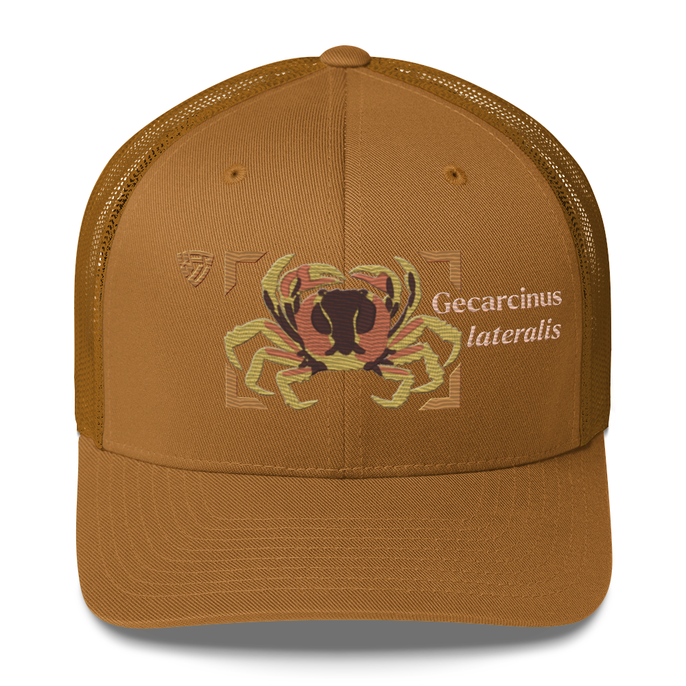 Blackback Land Crab "Gecarcinus lateralis" Embroidered Caramel Trucker Hat Front Mockup