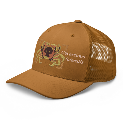 Blackback Land Crab "Gecarcinus lateralis" Embroidered Caramel Trucker Hat Left Front Mockup