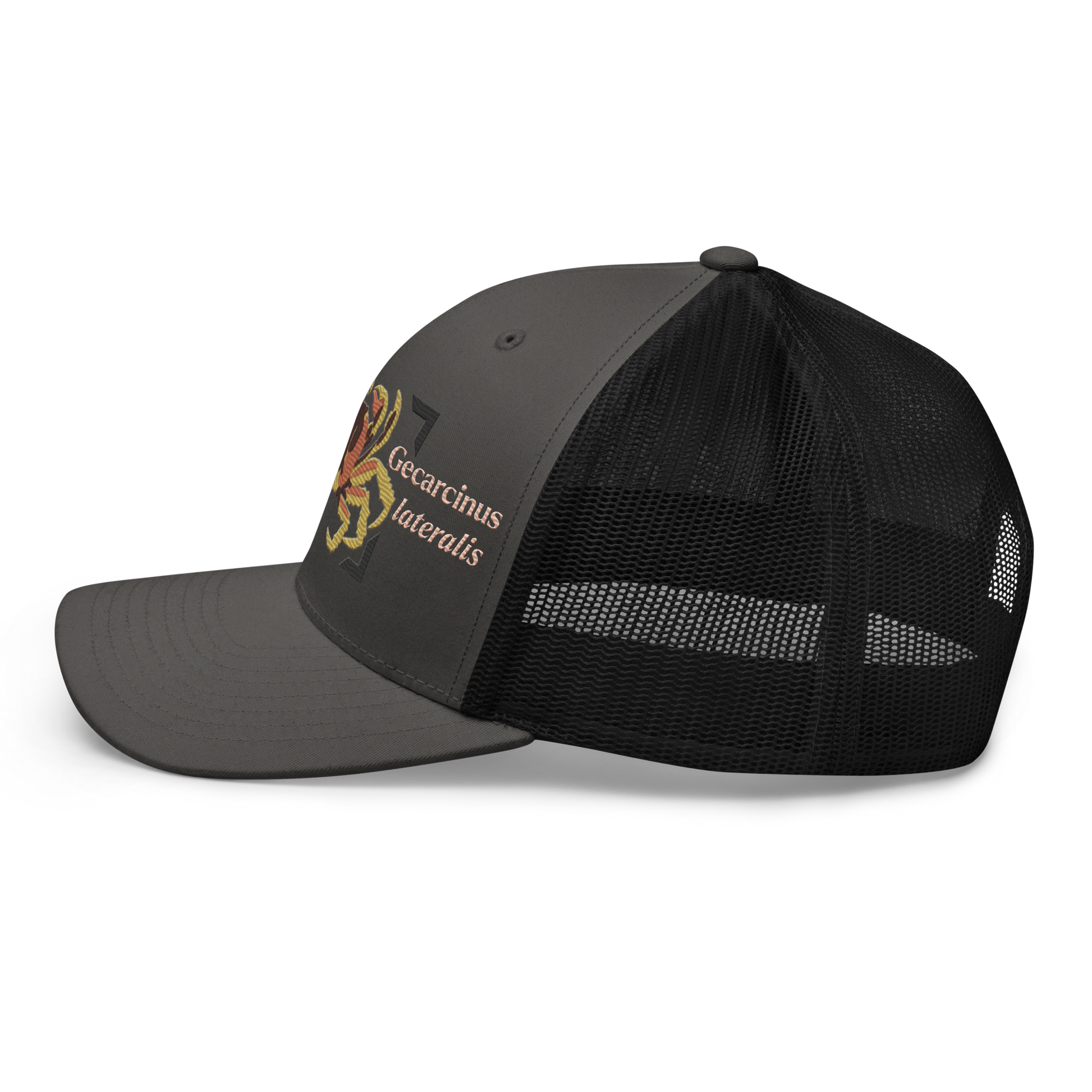 Blackback Land Crab "Gecarcinus lateralis" Embroidered Charcoal Grey & Black Trucker Hat Left Mockup