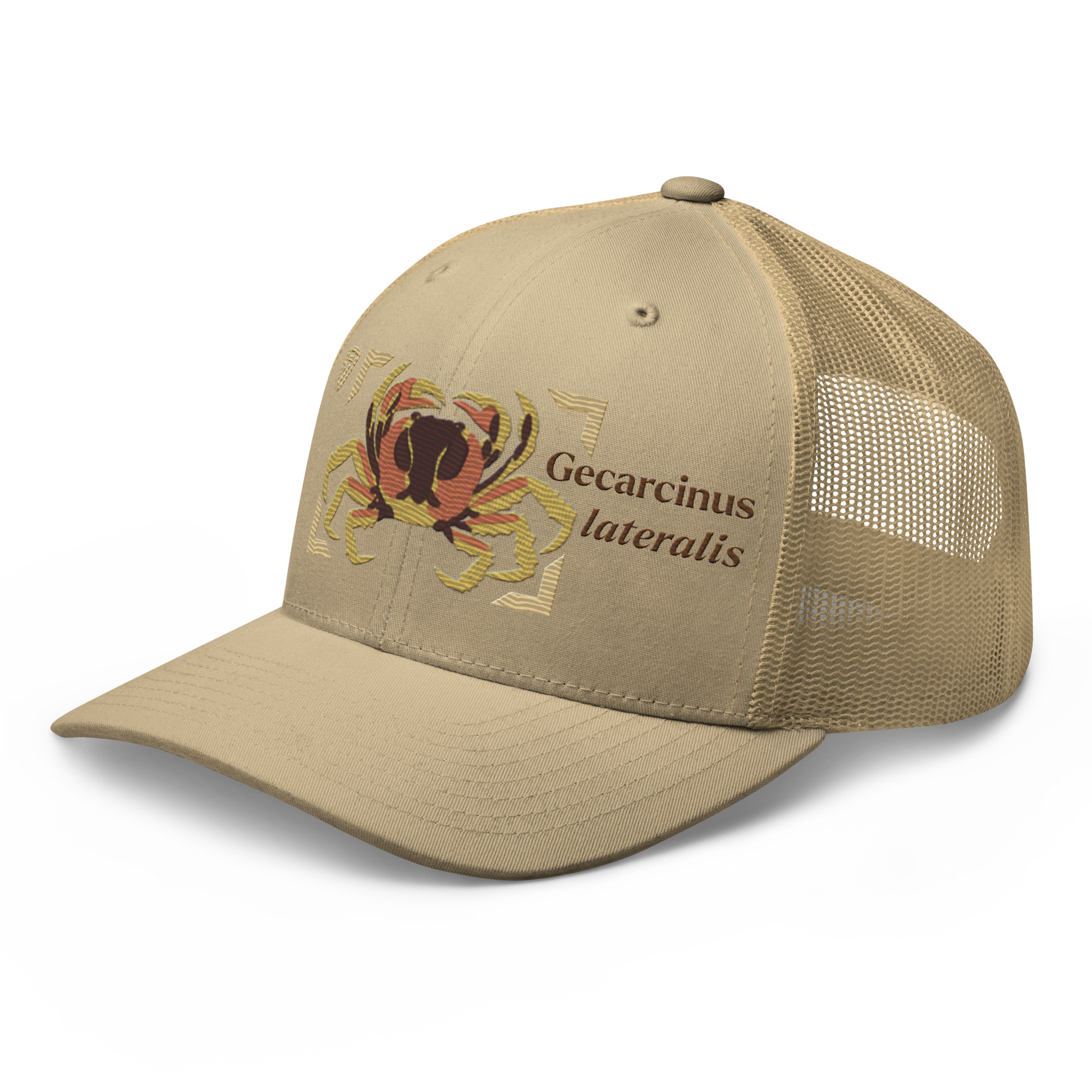 Blackback Land Crab "Gecarcinus lateralis" Embroidered Khaki Trucker Hat Left Front Mockup