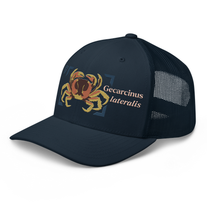Blackback Land Crab "Gecarcinus lateralis" Embroidered Navy Blue Trucker Hat Left Front Mockup