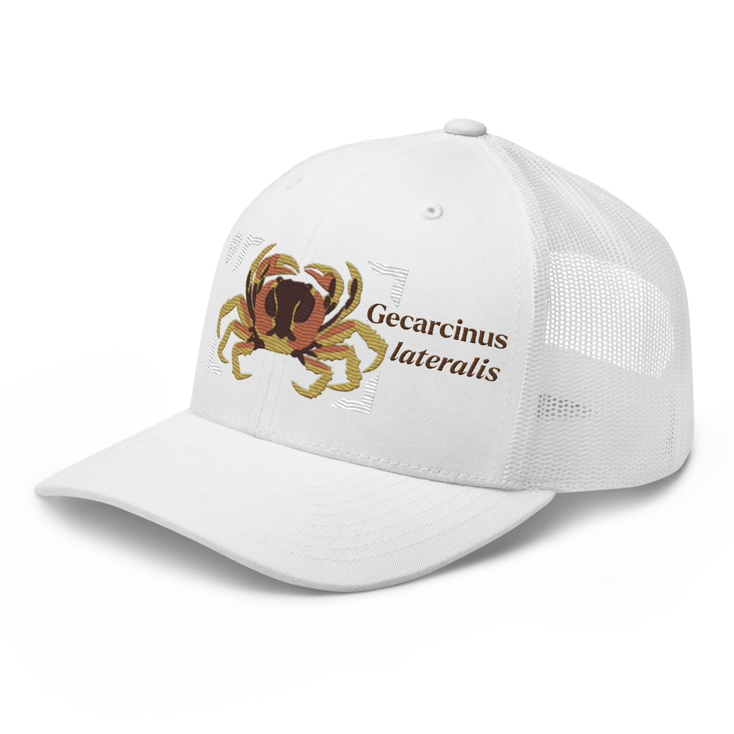 Blackback Land Crab "Gecarcinus lateralis" Embroidered White Trucker Hat Left Front Mockup