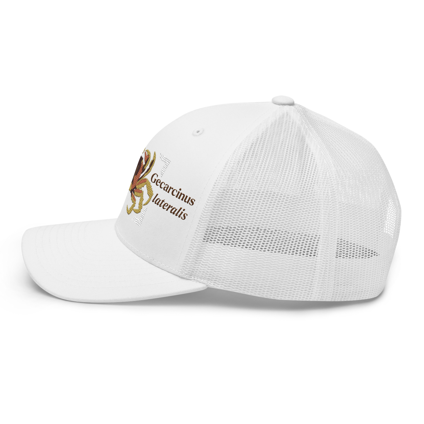 Blackback Land Crab "Gecarcinus lateralis" Embroidered White Trucker Hat Left Mockup