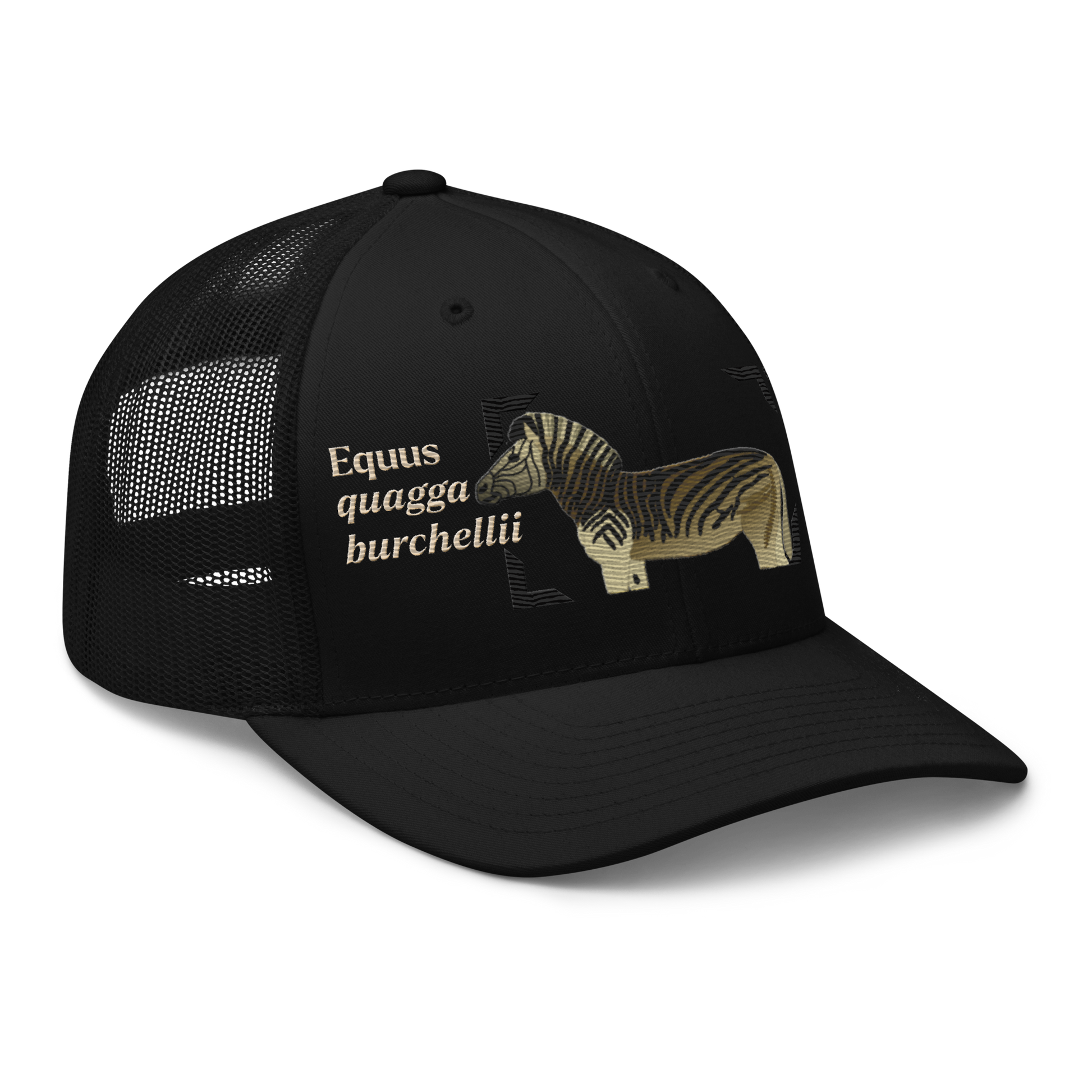 Bontequagga "Equua quagga burchellii" Embroidered Black Trucker Hat Right Front Mockup