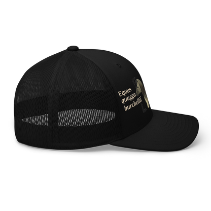 Bontequagga "Equua quagga burchellii" Embroidered Black Trucker Hat Right Mockup
