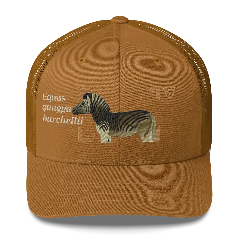 Bontequagga "Equua quagga burchellii" Embroidered Caramel Trucker Hat Front Mockup