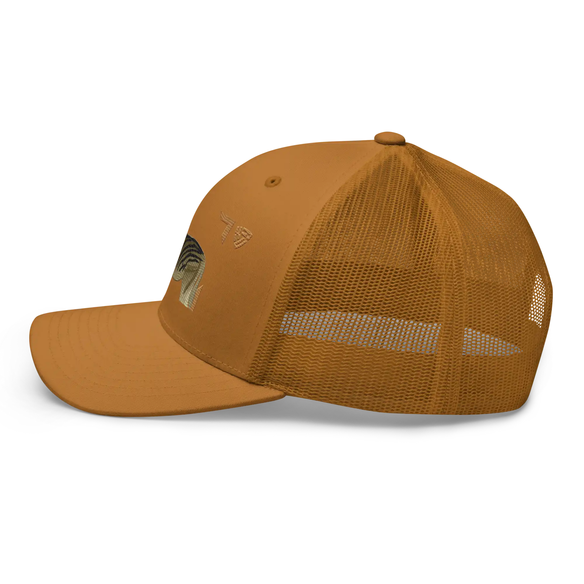 Bontequagga "Equua quagga burchellii" Embroidered Caramel Trucker Hat Left Mockup