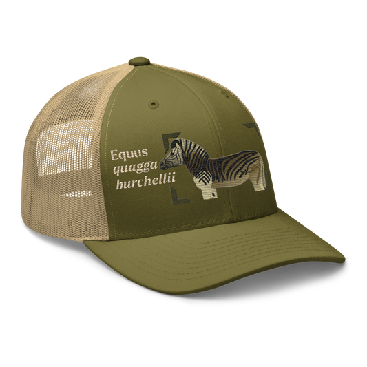 Bontequagga "Equua quagga burchellii" Embroidered Moss Green & Khaki Trucker Hat Right Front Mockup
