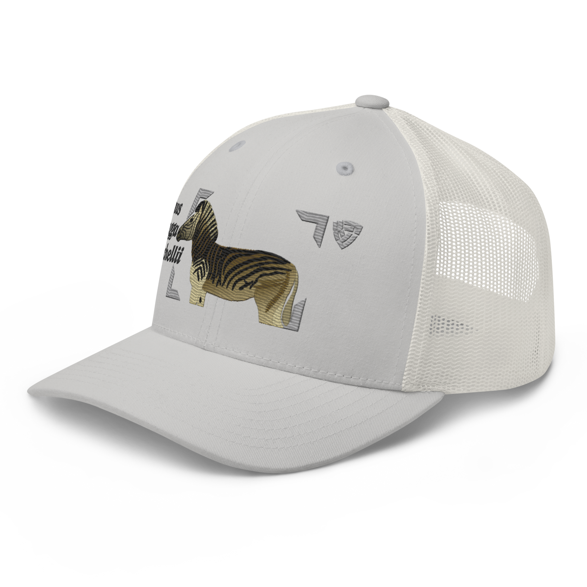 Bontequagga "Equua quagga burchellii" Embroidered Silver Trucker Hat Left Front Mockup
