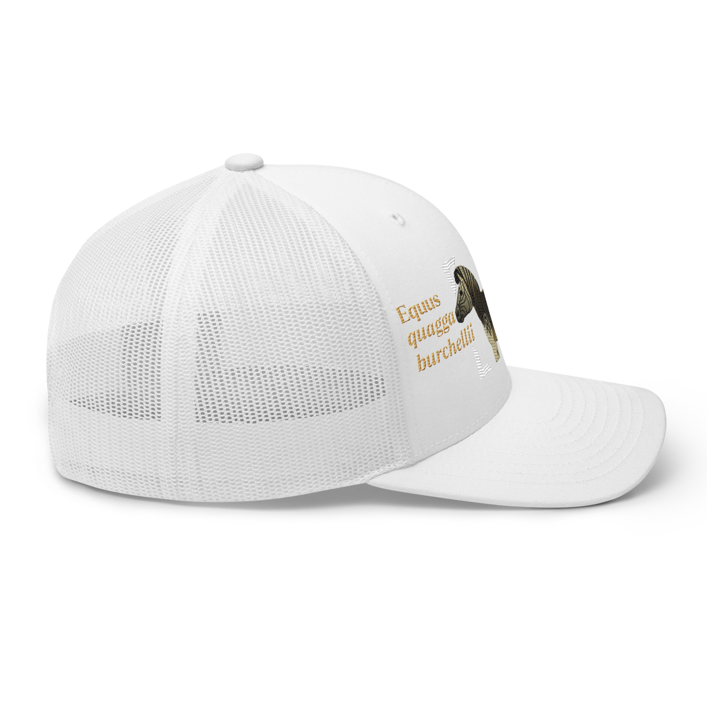 Bontequagga "Equua quagga burchellii" Embroidered White Trucker Hat Right Mockup