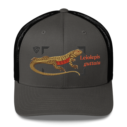 Giant Butterfly Lizard "Leiolepis guttata" Embroidered Charcoal Grey & Black Trucker Hat Front Mockup