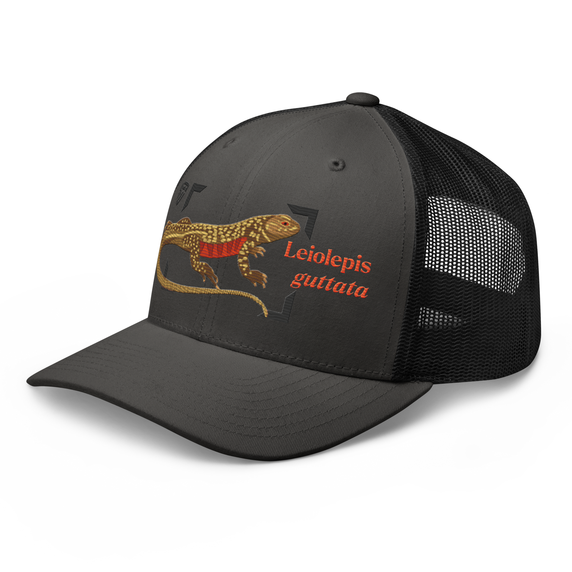 Giant Butterfly Lizard "Leiolepis guttata" Embroidered Charcoal Grey & Black Trucker Hat Left Front Mockup