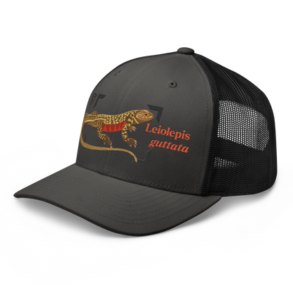 Giant Butterfly Lizard "Leiolepis guttata" Embroidered Charcoal Grey & Black Trucker Hat Left Front Mockup