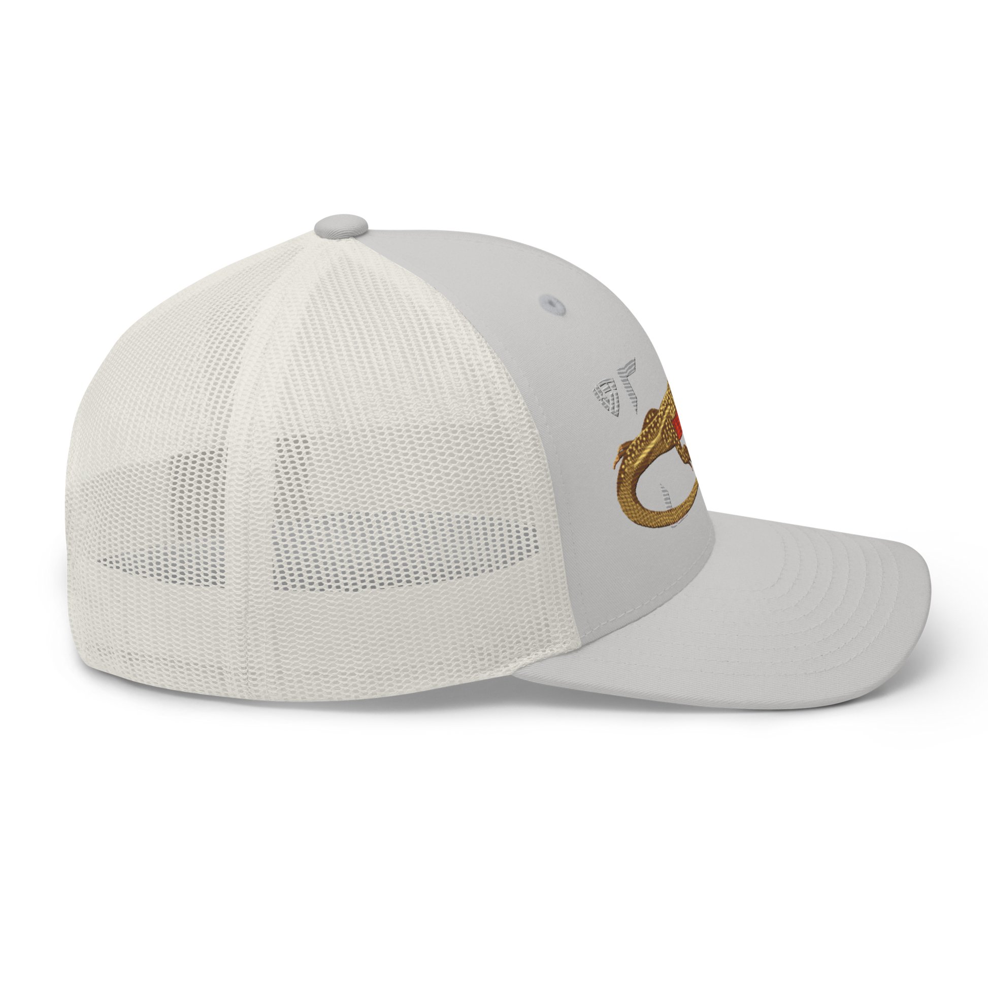 Giant Butterfly Lizard "Leiolepis guttata" Embroidered Silver Trucker Hat Right Mockup