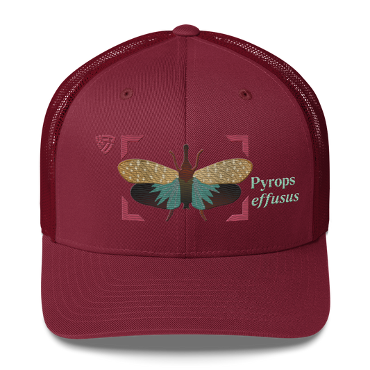 Lanternfly "Pyrops effusa" Embroidered Cranberry Red Trucker Hat Front Mockup
