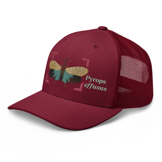 Lanternfly "Pyrops effusa" Embroidered Cranberry Red Trucker Hat Left Front Mockup