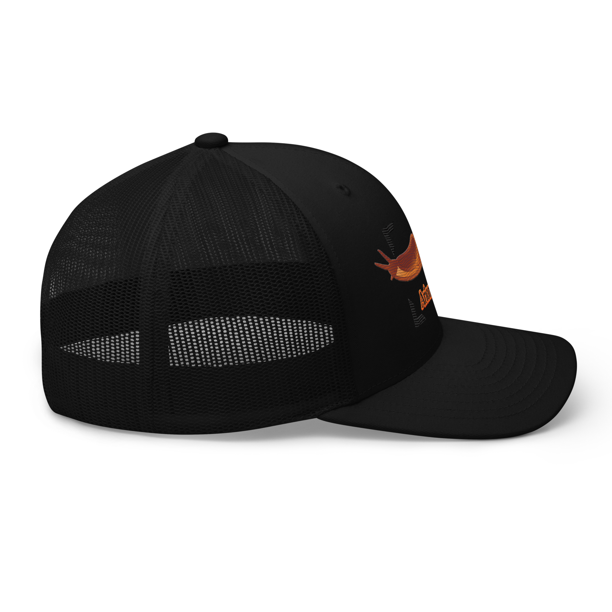 The Large Red Slug "Arion rufus" Embroidered Black Trucker Hat Right Mockup