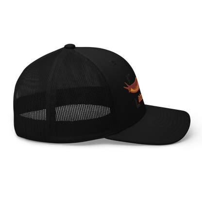 The Large Red Slug "Arion rufus" Embroidered Black Trucker Hat Right Mockup