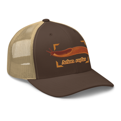 The Large Red Slug "Arion rufus" Embroidered Brown & Khaki Trucker Hat Right Front Mockup