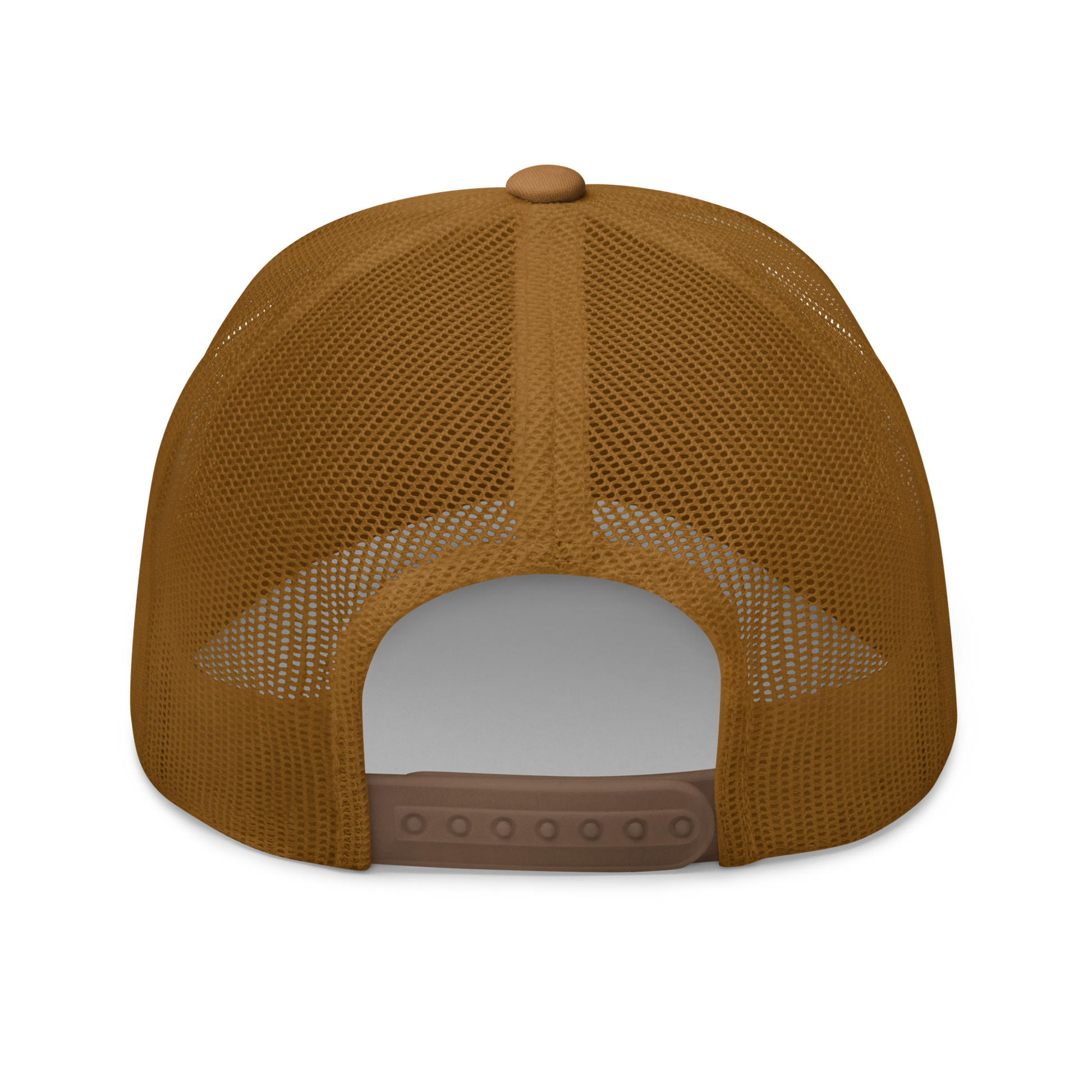 The Large Red Slug "Arion rufus" Embroidered Caramel Trucker Hat Back Mockup