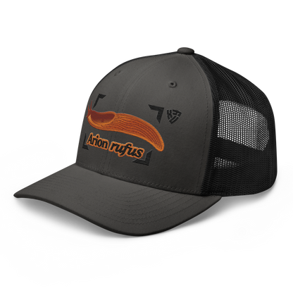 The Large Red Slug "Arion rufus" Embroidered Charcoal Grey & Black Trucker Hat Left Front Mockup