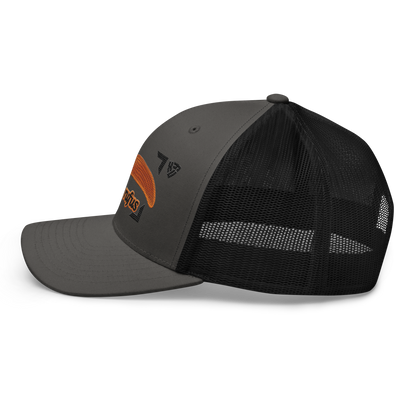 The Large Red Slug "Arion rufus" Embroidered Charcoal Grey & Black Trucker Hat Left Mockup