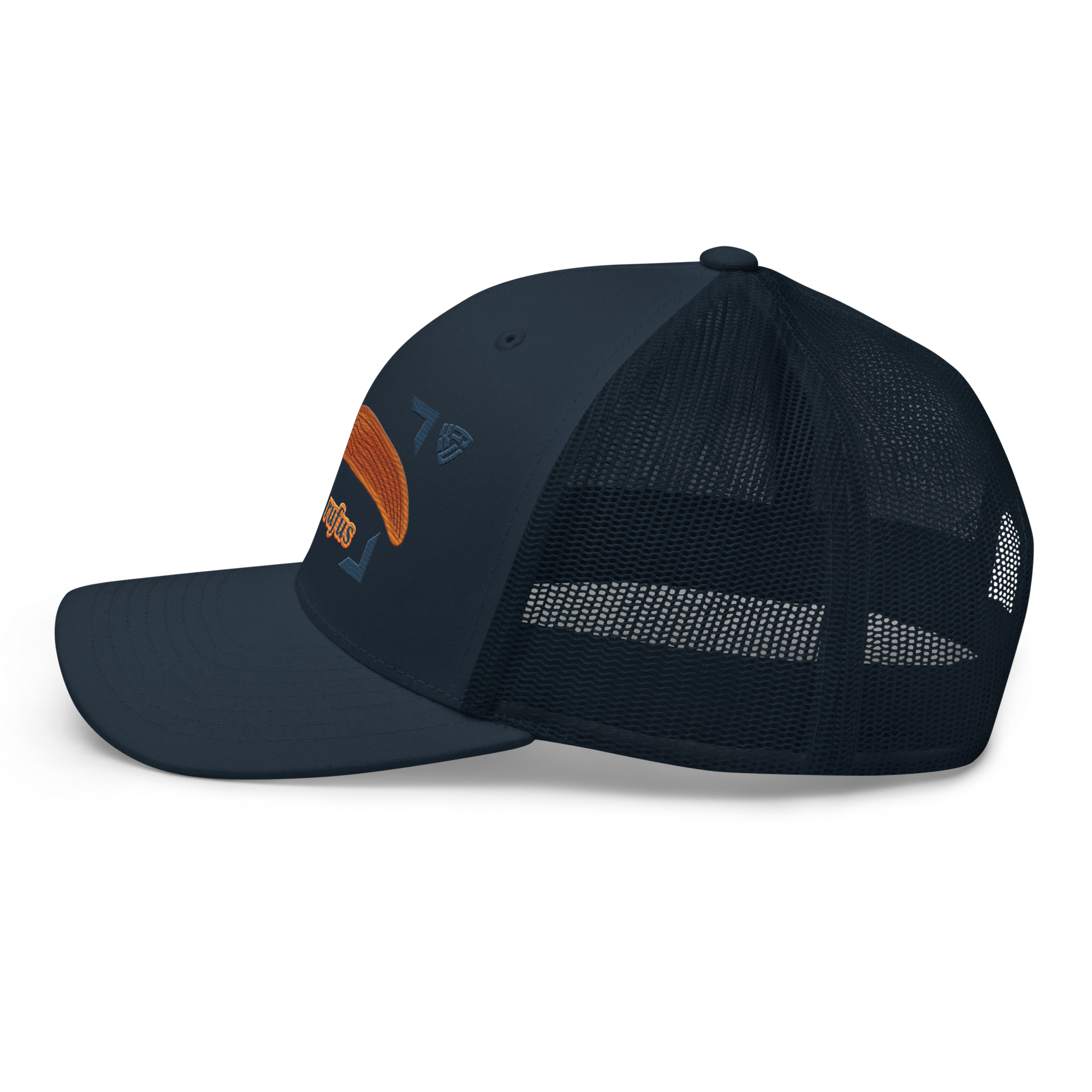 The Large Red Slug "Arion rufus" Embroidered Navy Blue Trucker Hat Left Mockup