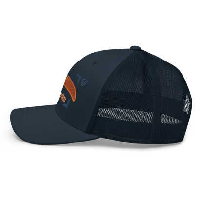 The Large Red Slug "Arion rufus" Embroidered Navy Blue Trucker Hat Left Mockup
