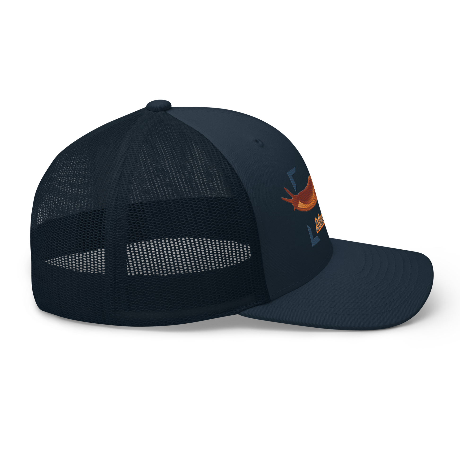 The Large Red Slug "Arion rufus" Embroidered Navy Blue Trucker Hat Right Mockup