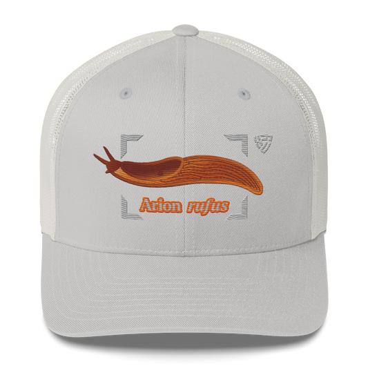 The Large Red Slug "Arion rufus" Embroidered Silver Trucker Hat Front Mockup