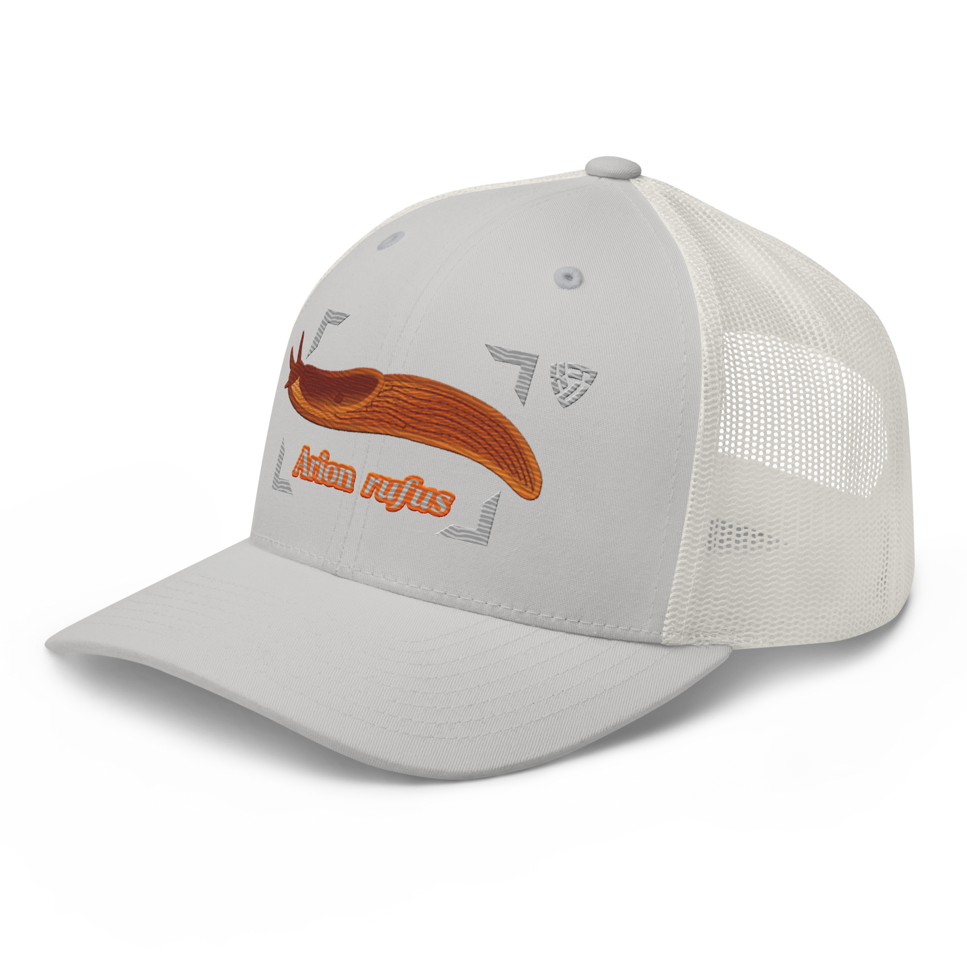 The Large Red Slug "Arion rufus" Embroidered Silver Trucker Hat Left Front Mockup