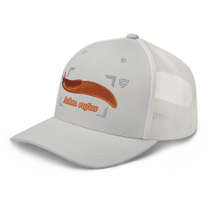 The Large Red Slug "Arion rufus" Embroidered Silver Trucker Hat Left Front Mockup