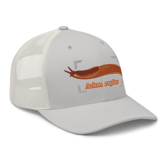 The Large Red Slug "Arion rufus" Embroidered Silver Trucker Hat Right Front Mockup